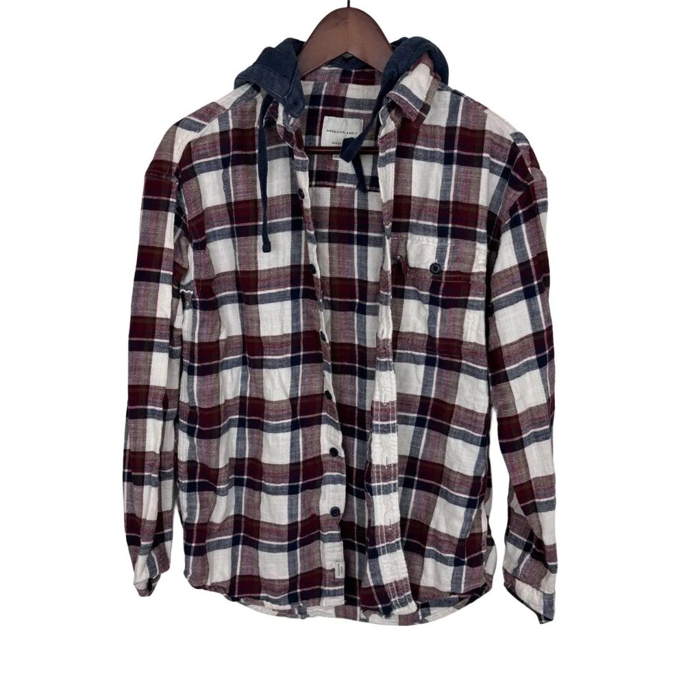 American Eagle Super Soft Plaid Button Front Hooded Flannel Shirt Men's Small